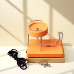 Wissenschaftliches Spielzeug mit Kugeln, elektrischer Motor und orangefarbenem Laufband, ideal für Dekoration oder wissenschaftliche Experimente.