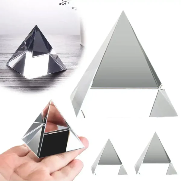 Kristallpyramide aus Glas, dekoratives wissenschaftliches Objekt.