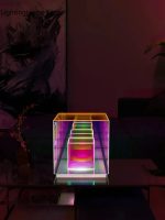 Leuchtender, farbiger Stufenwürfel aus Acryl mit LED-Beleuchtung, ideal als wissenschaftliches Dekorationsstück oder modernes Kunstobjekt.
