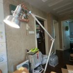Wissenschaftslampe mit verstellbarem Arm, leuchtend, in einem modernen Wohnzimmer, ideal für wissenschaftliche Experimente oder Dekoration.