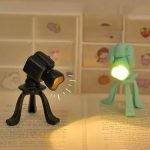 Zwei wissenschaftliche Spielzeuge, eine beleuchtete Taschenlampe und eine Kamera, auf einem Buch liegend, mit einem bunten Hintergrund.