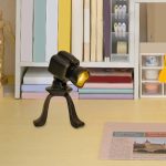 Kleine Studiolampe auf einem Tisch, ideal für kreative Fotografie- und Dekorationszwecke, mit einem modernen, schwarzen Design.