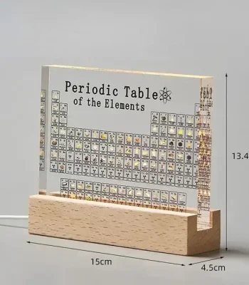 Dekoratives Periodensystem der Elemente auf einem Holzständer, ideal für Wissenschafts- und Schulzimmer, fördert das Lernen und die Neugier für Chemie.
