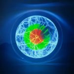 Nahaufnahme eines leuchtenden, elektrischen Energieballs in einem Glas, der mit blauen, grünen und roten Lichtern leuchtet, ideal für wissenschaftliche Dekorationen.