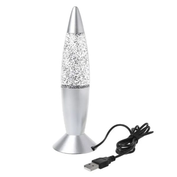 Elegante Lavalampe mit Glitzer, silberfarbenem Design und USB-Anschluss, ideal für wissenschaftliche Dekorationen und moderne Raumgestaltung.