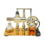 Goldenes wissenschaftliches Experimentiergerät mit Rührwerk, Glasflasche und mechanischen Komponenten, ideal für wissenschaftliche Demonstrationen und Experimente.