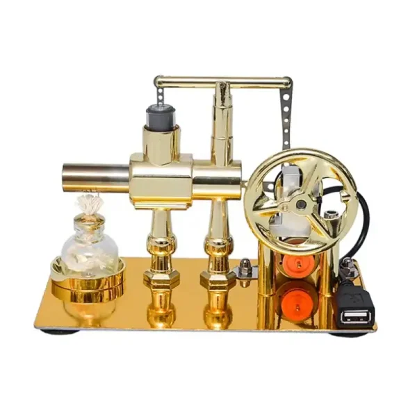 Goldenes wissenschaftliches Experimentiergerät mit Rührwerk, Glasflasche und mechanischen Komponenten, ideal für wissenschaftliche Demonstrationen und Experimente.