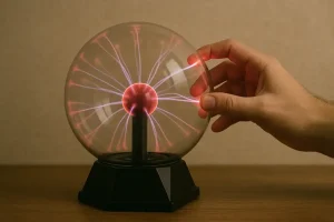 Hand, die einen elektrostatischen Plasma-Generator berührt, der leuchtende elektrische Entladungen in einer Glaskugel erzeugt.