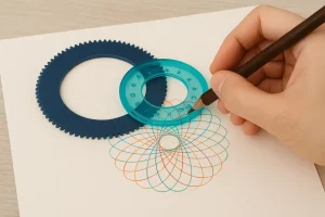 Hand zeichnet mit einem feinen Stift eine komplexe geometrische Figur auf einem weißen Papier, umgeben von Messwerkzeugen und geometrischen Mustern.