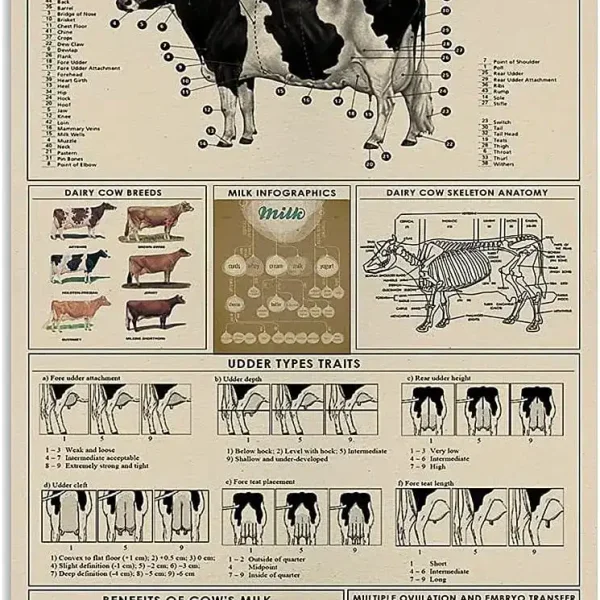 Detaillierte wissenschaftliche Illustration einer Kuh mit Beschriftungen der Körperteile und Anatomie.