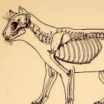 Detailliertes Illustration eines prähistorischen Säugetier-Skeletts, das die Knochenstruktur und Anatomie zeigt, ideal für wissenschaftliche Dekorationen und Bildungszwecke.