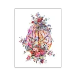 Künstlerisches Bild eines menschlichen Gehirns, verziert mit bunten Blumen und Pflanzen, symbolisiert Kreativität und Wissenschaft.