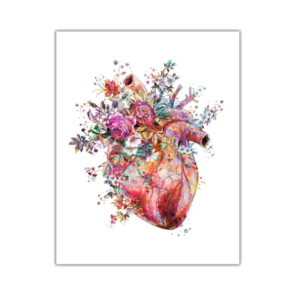 Künstlerische Illustration eines Herzens, das mit bunten Blumen, Blättern und Pflanzen gefüllt ist, symbolisiert Liebe, Natur und Kreativität.