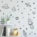 Wandbild mit Weltraummotiven, inklusive Raketen, Planeten, Satelliten und UFOs, ideal für Science-Fiction- und Weltraumfans.