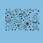 Illustration eines Weltraumthemas mit Raketen, Planeten, Astronauten, Satelliten und Sternen auf hellblauem Hintergrund. Perfekt für wissenschaftliche Dekorationen und Raumfahrt-Designs.