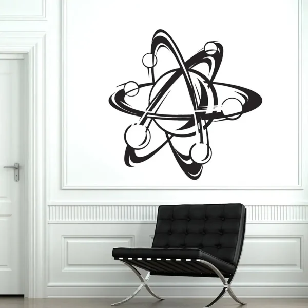 Modernes Wandbild eines Atommodells in Schwarz-Weiß, ideal für wissenschaftliche Dekorationen und moderne Inneneinrichtung.