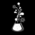 Illustration einer chemischen Reagenzflasche mit aufsteigenden Blasen, umgeben von Atommodellen, symbolisiert wissenschaftliche Experimente und chemische Forschung.