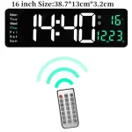 Moderne digitale Wanduhr mit großen Zahlen, zeigt Uhrzeit, Datum, Temperatur und Luftfeuchtigkeit, inklusive Fernbedienung für einfache Bedienung.