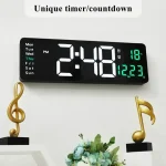 Moderne digitale Wanduhr mit Countdown, zeigt die Uhrzeit, Datum, Temperatur und Luftfeuchtigkeit, ideal für Zuhause oder Büro.