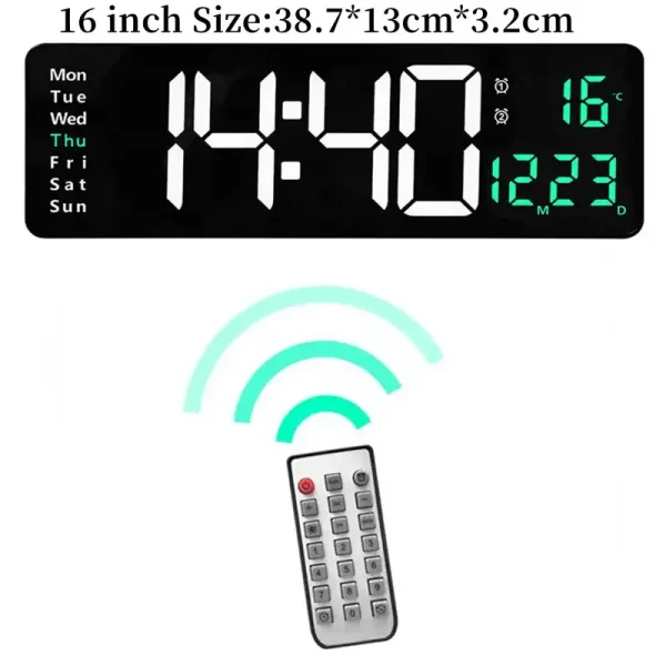 Moderne digitale Wanduhr mit großen Zahlen, zeigt Uhrzeit, Datum, Temperatur und Luftfeuchtigkeit, inklusive Fernbedienung für einfache Bedienung.