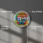 Moderne digitale Uhr mit farbenfrohem Design, zeigt Wochentag, Datum, Uhrzeit und Temperatur, ideal für Wissenschafts- und Dekorationszwecke.