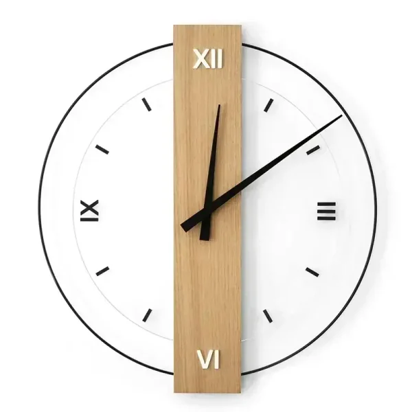 Zeitmesser mit minimalistischem Design, bestehend aus einer weißen runden Uhr mit schwarzen Ziffern und Zeigern, kombiniert mit einem vertikalen Holzstreifen in der Mitte.