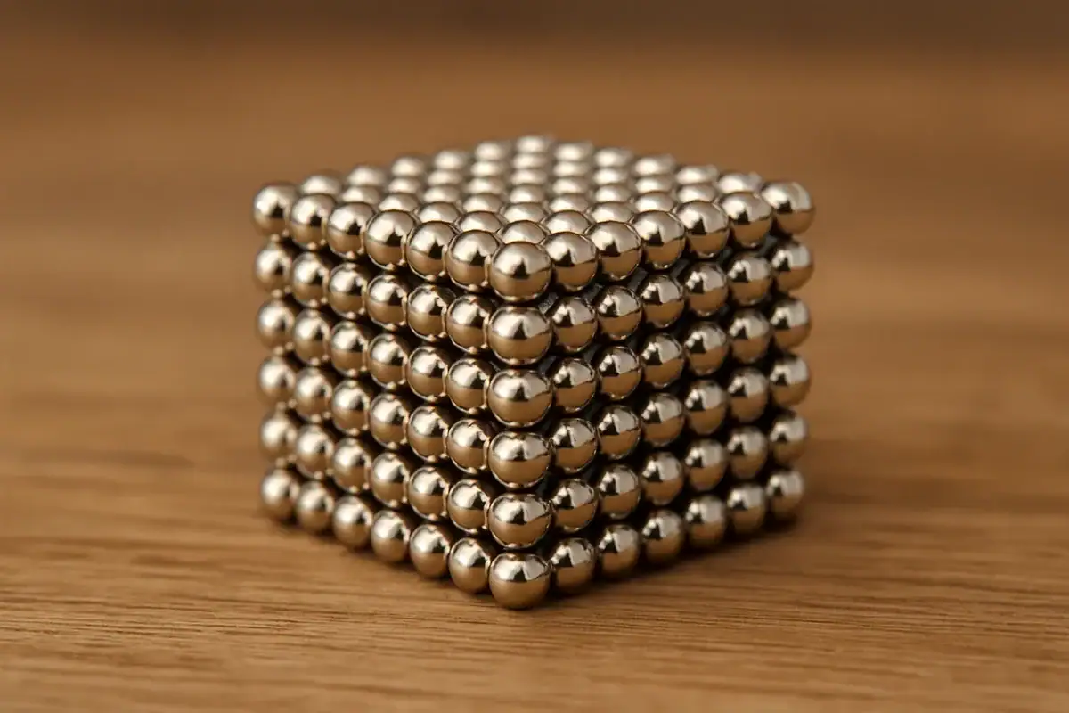 Ein 3D-Modell eines Würfels, bestehend aus kleinen, glänzenden Metallkugeln, die magnetisch verbunden sind, auf einem Holzuntergrund.