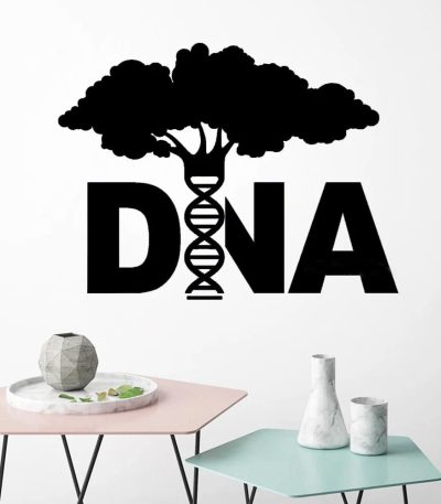 Dekoratives Wandbild eines DNA-Strangs, der in einen Baum übergeht, symbolisiert die Verbindung zwischen Genetik und Natur, ideal für Wissenschafts- und Biologieliebhaber.