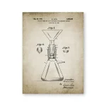 Historische wissenschaftliche Illustration eines chemischen Apparats, zeigt detaillierte Zeichnung eines Laborglases mit Zubehör, ideal für Wissenschafts- und Labor-Dekorationen.