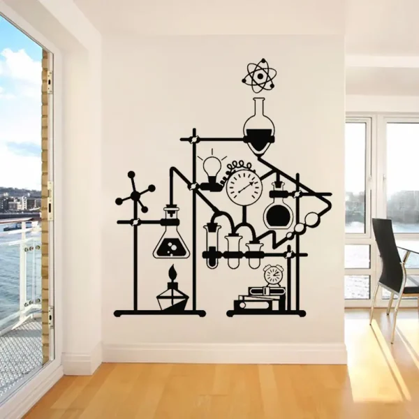 Kreative Wanddekoration mit wissenschaftlichem Versuchsaufbau in Schwarz, ideal für moderne Räume und Wissenschaftsliebhaber.