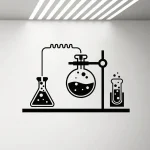 Minimalistische schwarze Chemie-Illustration mit Reagenzglas, Flasche und Reagenzglas auf weißer Wand, ideal für Wissenschaftsdekorationen.