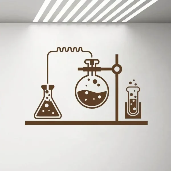 Illustration eines chemischen Versuchs mit Reagenzgläsern und Reagenzien, ideal für Wissenschafts- und Labor-Dekorationen.
