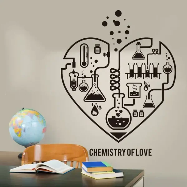Kreatives Wandbild eines chemischen Herzens mit Laborinstrumenten, das Liebe und Wissenschaft verbindet, ideal für Lernräume oder wissenschaftliche Dekorationen.