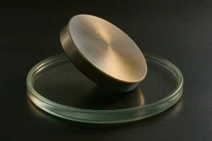 Gleichgewichtsstück aus Metall auf einer transparenten Petri-Schale, ideal für wissenschaftliche Experimente und Demonstrationen in der Physik.