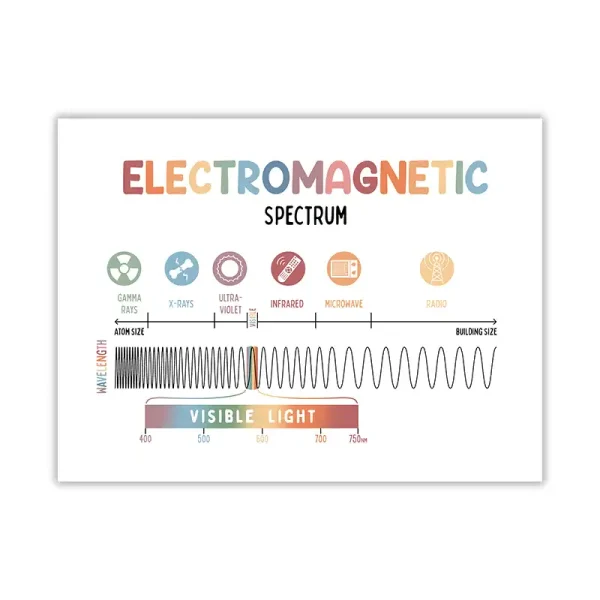 Illustration des elektromagnetischen Spektrums mit Wellenlängen von Gamma bis Radio, inklusive sichtbares Licht.