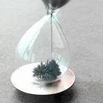 Dekorative Blumen im Inneren einer Sanduhr, die als wissenschaftliches Kunstobjekt dient. Perfekt für Wissenschafts- und Dekorationsliebhaber.