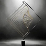 Modernes Metallkunstwerk mit geometrischen Formen, das an wissenschaftliche Modelle erinnert, ideal als Dekoration oder Sammlerstück.