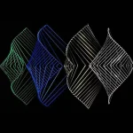 Leuchtende, schwebende geometrische Skulptur mit neonfarbenen Linien auf schwarzem Hintergrund, ideal für wissenschaftliche Dekorationen und moderne Raumgestaltung.