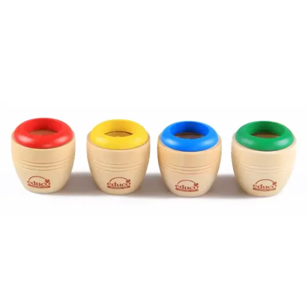 Holz-Spardose mit buntem Deckel in Rot, Gelb, Blau und Grün, ideal für Kinder und Sparsamkeit.