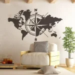 Wandbild einer Weltkarte mit integriertem Kompass, ideal für moderne Wohnräume und Büros.