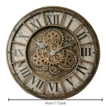 Dekorative Wanduhr mit sichtbaren Zahnrädern im Vintage-Stil, perfekt für Wissenschafts- und Technikliebhaber, kombiniert Funktionalität mit industriellem Design.