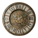 Dekorative Wanduhr im Vintage-Stil mit sichtbaren Zahnrädern und römischen Ziffern, ideal als wissenschaftliches Dekorationsstück für moderne oder klassische Räume.