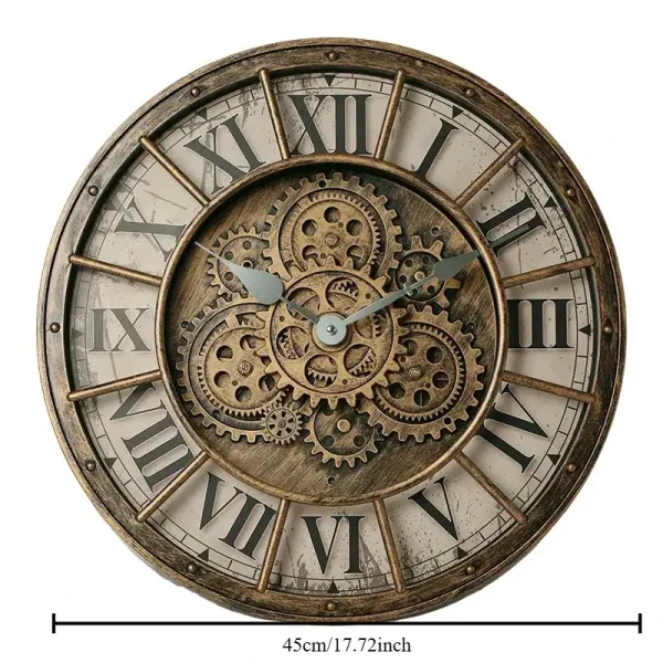 Dekorative Wanduhr mit sichtbaren Zahnrädern im Vintage-Stil, perfekt für Wissenschafts- und Technikliebhaber, kombiniert Funktionalität mit industriellem Design.