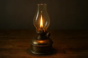 Historische Öllampe mit brennender Flamme auf dunklem Holz, ideal für wissenschaftliche Dekorationen und Vintage-Interieur.