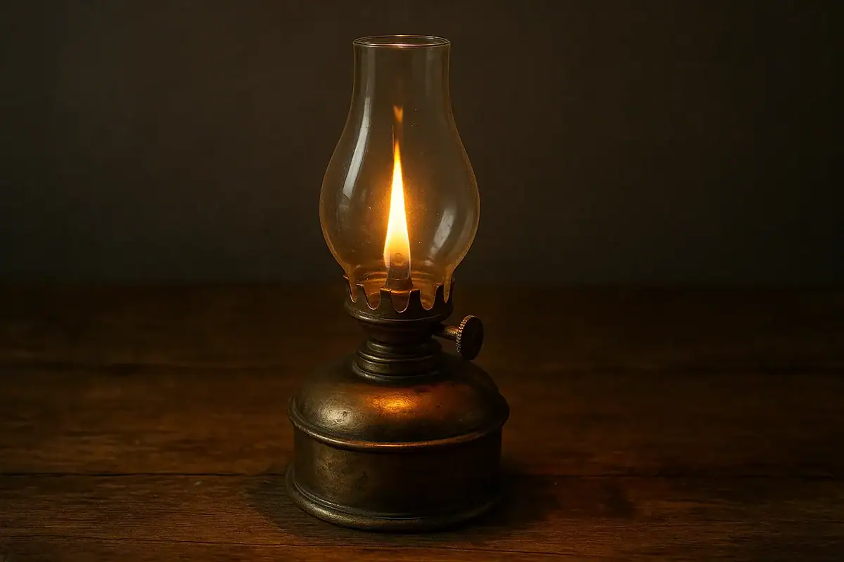 Historische Öllampe mit brennender Flamme auf dunklem Holz, ideal für wissenschaftliche Dekorationen und Vintage-Interieur.