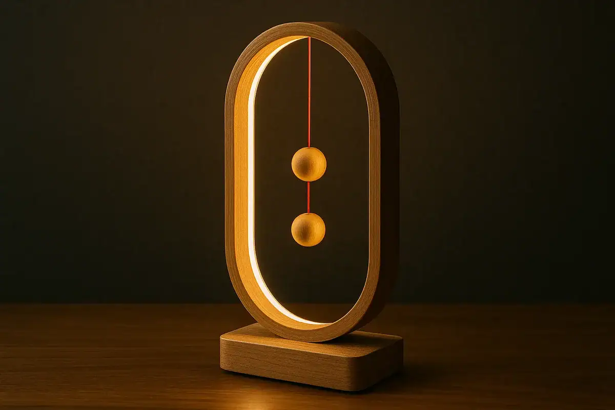 Elegante Holzpendeluhr mit schwebenden Kugeln und minimalistischen Design, ideal für wissenschaftliche Dekorationen und moderne Inneneinrichtung.
