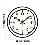 Runde Schulwanduhr mit schwarzem Rahmen, weißen Ziffern und schwarzen Zeigern, zeigt die Uhrzeit 10:10. Perfekt für Klassenzimmer und wissenschaftliche Dekorationen.