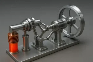 Detailliertes wissenschaftliches Modell mit Kolben, Riemen und Zahnrad, symbolisiert mechanische Experimente und physikalische Prinzipien.
