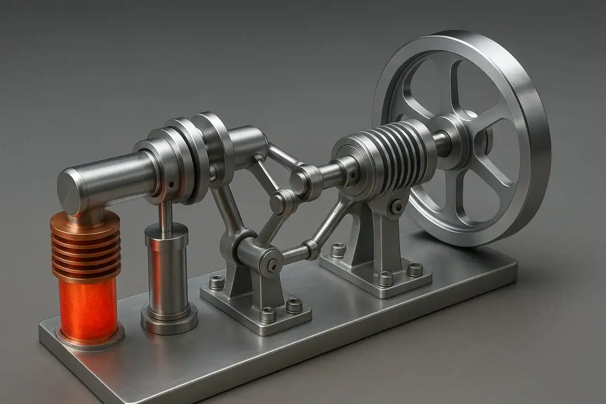 Detailliertes wissenschaftliches Modell mit Kolben, Riemen und Zahnrad, symbolisiert mechanische Experimente und physikalische Prinzipien.