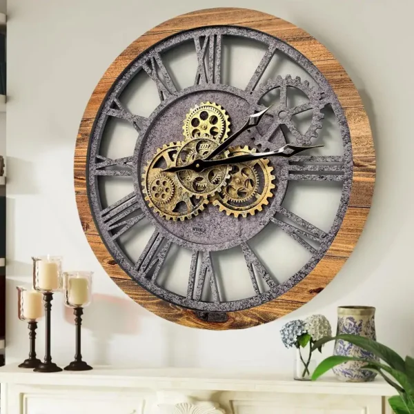 Dekorative Wanduhr im Vintage-Stil mit sichtbaren Zahnrädern und Holzrahmen, perfekt für moderne und industrielle Inneneinrichtung.